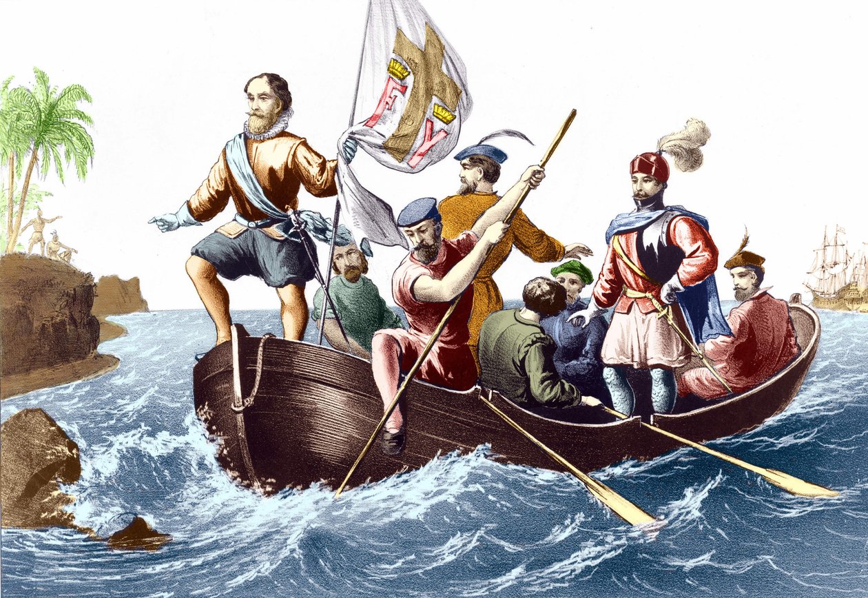 Die Ankunft von Christoph Kolumbus in San Salvador am 12.10.1492. Gravur um 1876 von Unknown artist