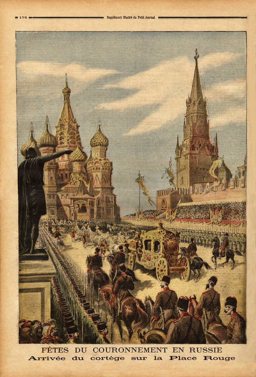Die Ankunft des Zuges auf dem Roten Platz (Moskau) anlässlich der Krönung von Zar Nikolaus II. von Unknown artist
