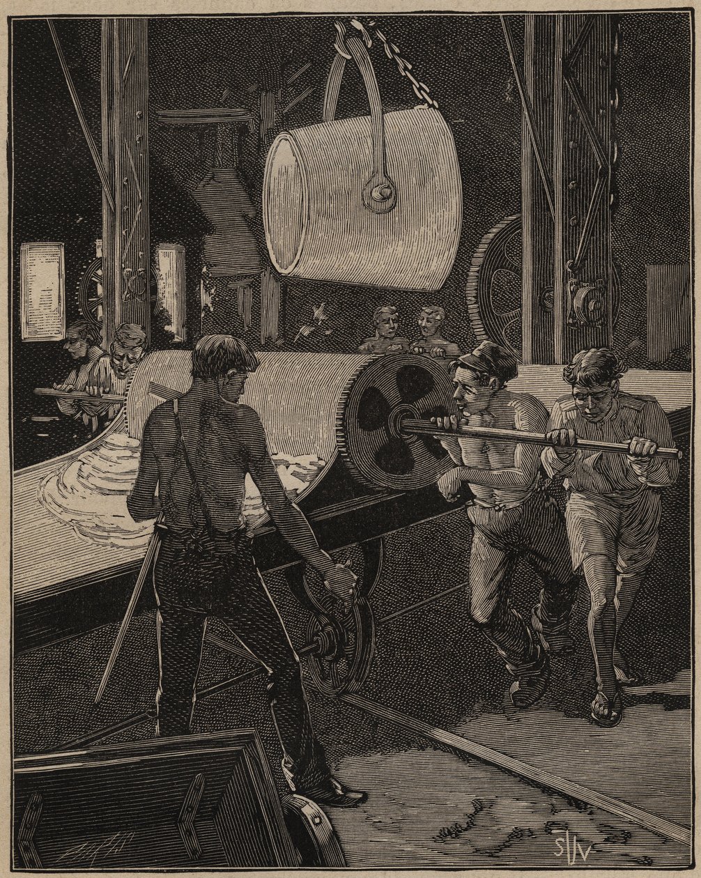 Die Kunst des Glases: Herstellung von Eiscreme. Schritt genannt „der große Fluss“. Gravur von 1885 in „Les arts et metiers illustres“ von Adolphe BITARD von Unknown artist