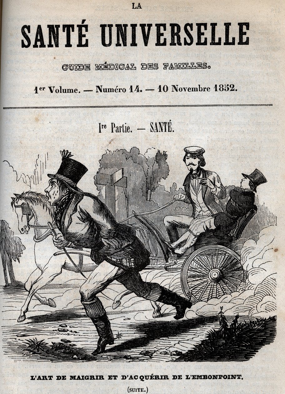 Die Kunst des Abnehmens und Zunehmens: Ein Mann geht zu Fuß, während ein anderer in einer Kutsche transportiert wird - Gravur in „La Sante Universelle - Guide Medical des Familles“ 1852 von Unknown artist