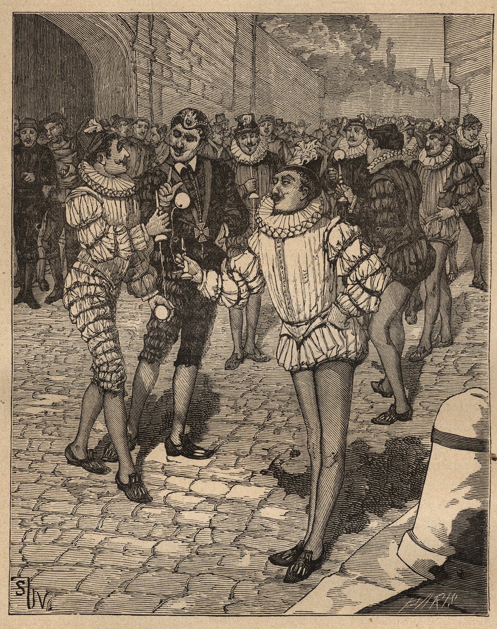Die Kunst des Drehens: der Ball. König Heinrich III. (1551-1589) und seine Lieblinge spielen Bilboquet auf der Straße. Gravur von 1885 in „Les arts et métiers illustrés“ von Adolphe Bitard. von Unknown artist