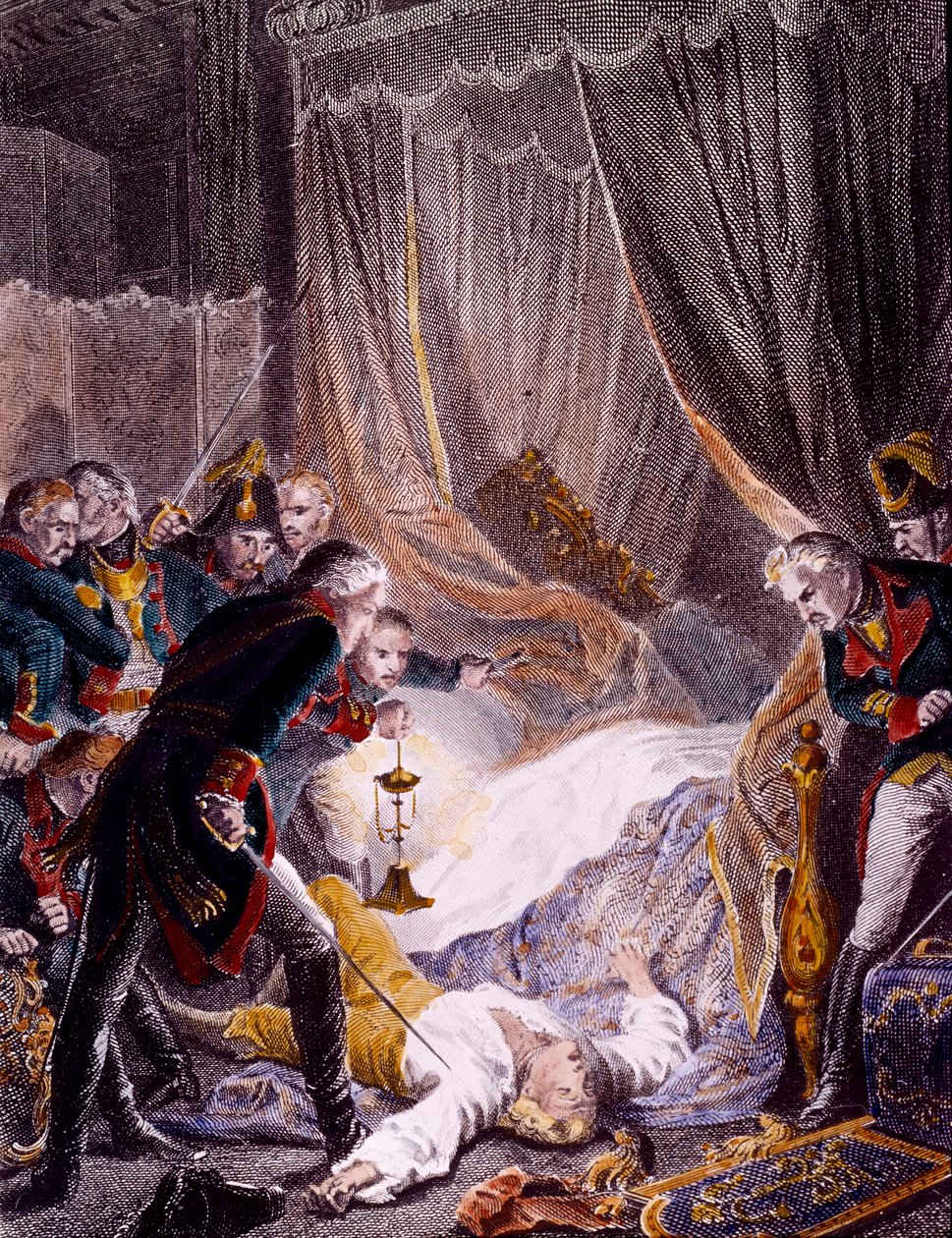 Die Ermordung von Paul I. Petrovich (1754-1801), russischer Zar, in seinem Zimmer im St. Michaelspalast nach erzwungener Abdankung. Gravur um 1801 von Unknown artist