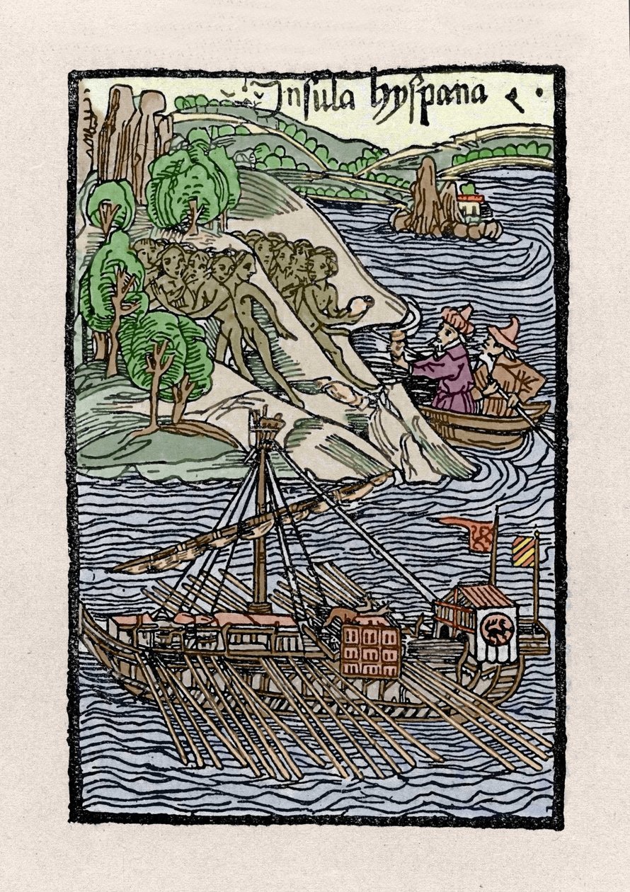 Die Landung auf Hispaniola durch Christoph Kolumbus. Gravur aus „De insulis in mare Indico super inventis“, Basel 1493-1494 (lateinische Übersetzung von Kolumbus