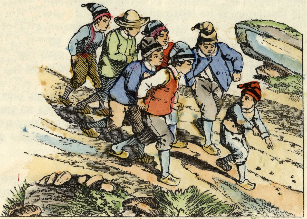 Die Brüder folgen dem kleinen Poulet, der weiße Kieselsteine auf dem Weg verstreut hat. Illustration aus dem Märchen „Der kleine Däumling“ von Charles Perrault von Unknown artist