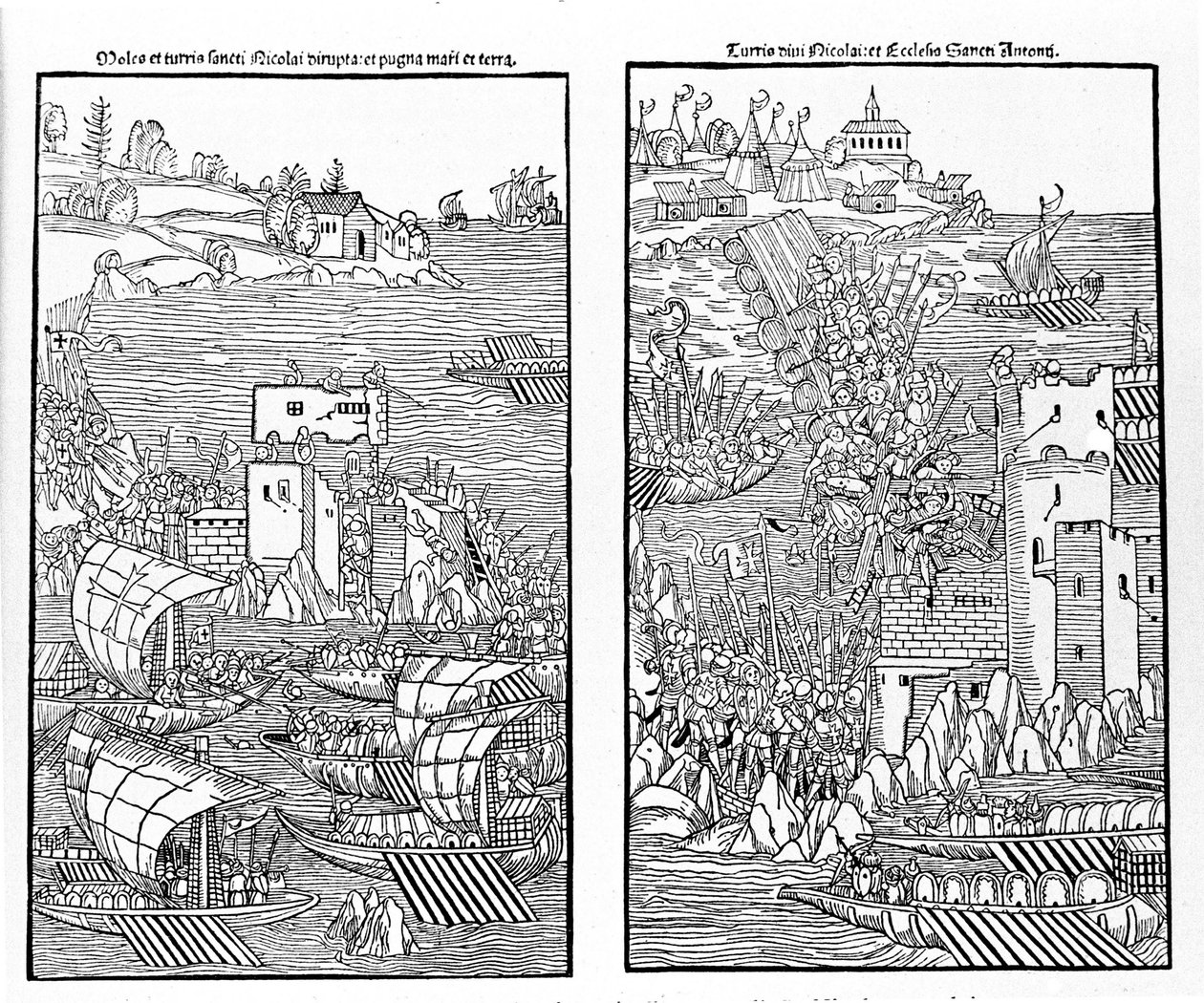 Die Eroberung von Rhodos durch die Türken 1522. Die Türken greifen die Festung St. Nikolaus an. Xylographie. von Unknown artist
