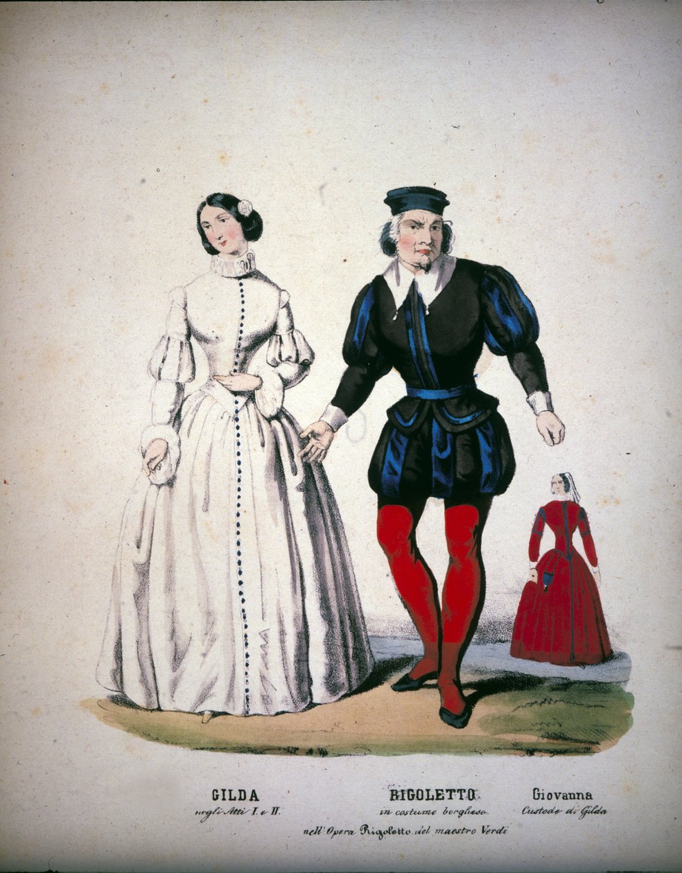 Die Charaktere Gilda, Rigoletto und Giovanna im 3. Akt der Oper „Rigoletto“ von dem italienischen Komponisten Giuseppe Verdi (1813-1901) von Unknown artist
