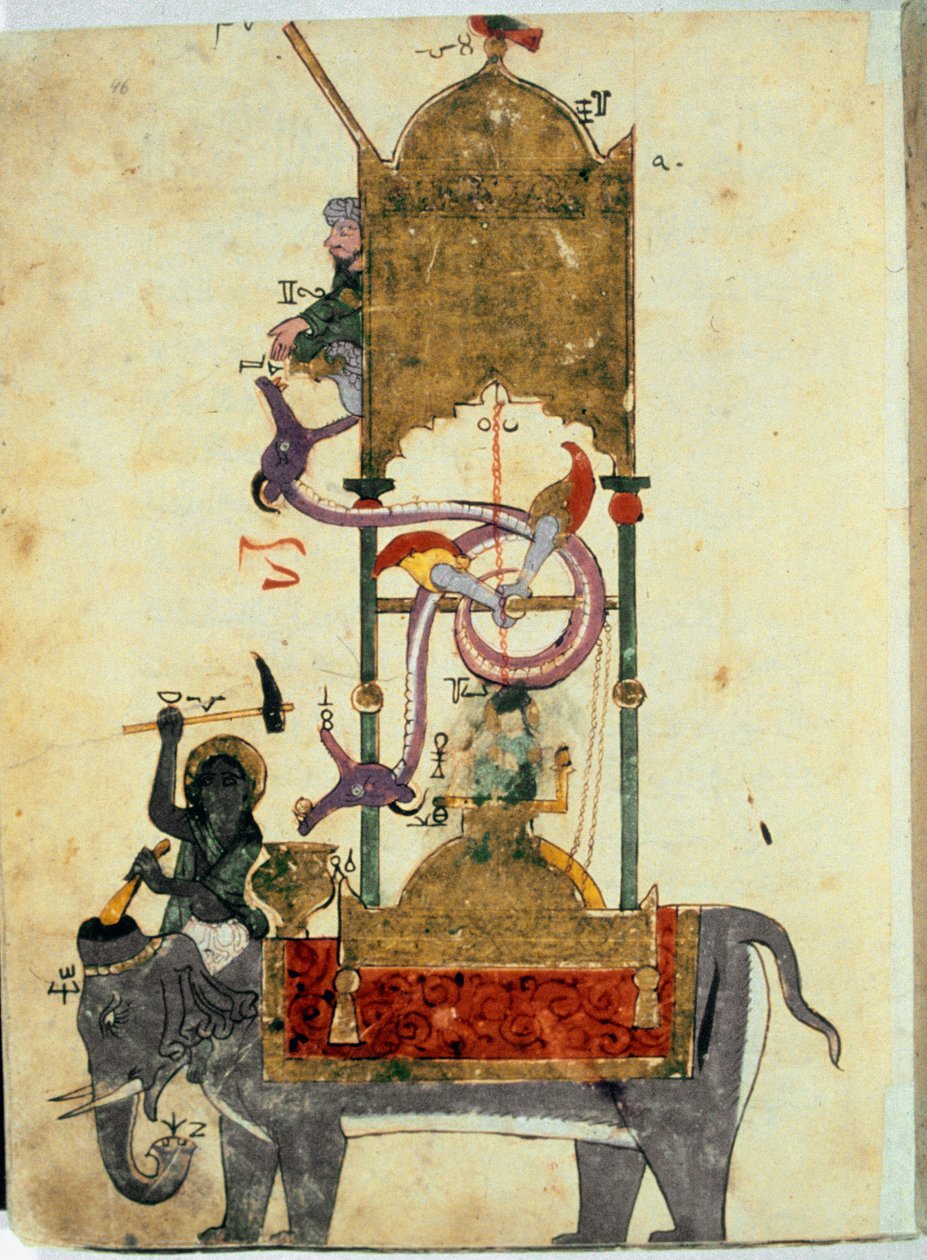 Die Wasseruhr in Form eines Elefanten. Eine mittelalterliche muslimische Erfindung, bestehend aus einer elefantenförmigen Wasseruhr, entworfen vom türkischen Ingenieur Ibn al-Rajjaj al-Jazari (1136-1206) um 1200 von Unknown artist