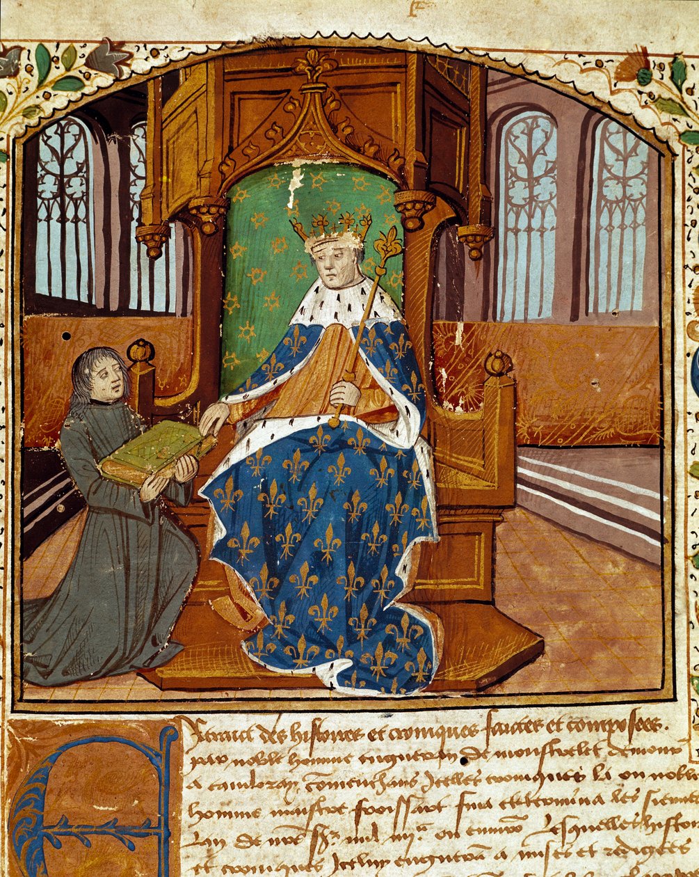 Der Chronist Enguerrand de Monstrelet überreicht sein Buch König Karl VII. (Miniatur aus „Chroniques d