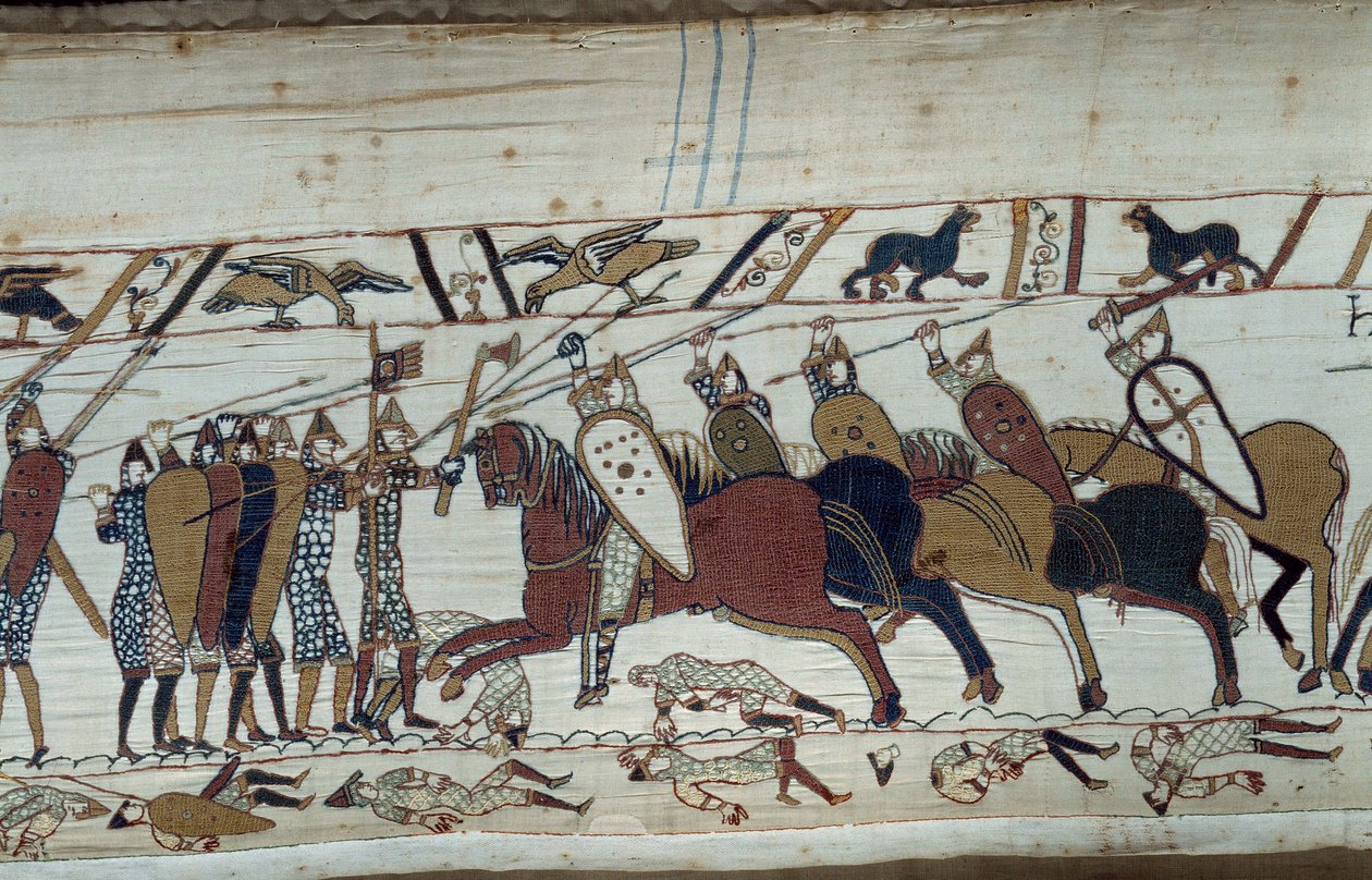 Die Eroberung Englands durch den Herzog der Normandie, Wilhelm der Eroberer (1027-1087) im Jahr 1066: Szene der Schlacht von Hastings zwischen der normannischen Infanterie und der sächsischen Kavallerie. Detail des Teppichs von Bayeux oder der Stickerei vo von Unknown artist