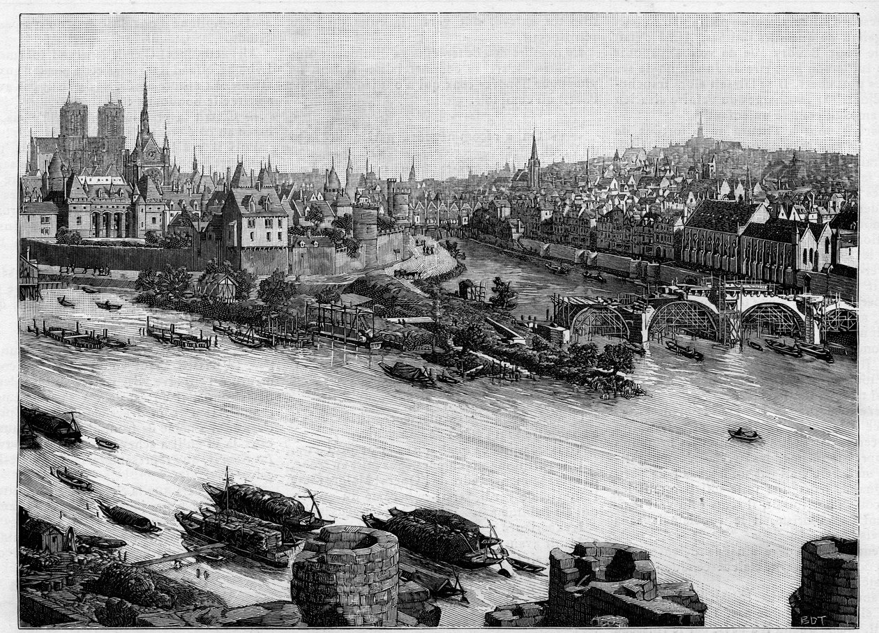 Der Bau der Pont Neuf in Paris, der durch den Square du Vert-Galant am Ende der Ile de la Cite führt. Die ersten Arbeiten im Jahr 1578. Gravur in "Le Monde illustré" von Unknown artist