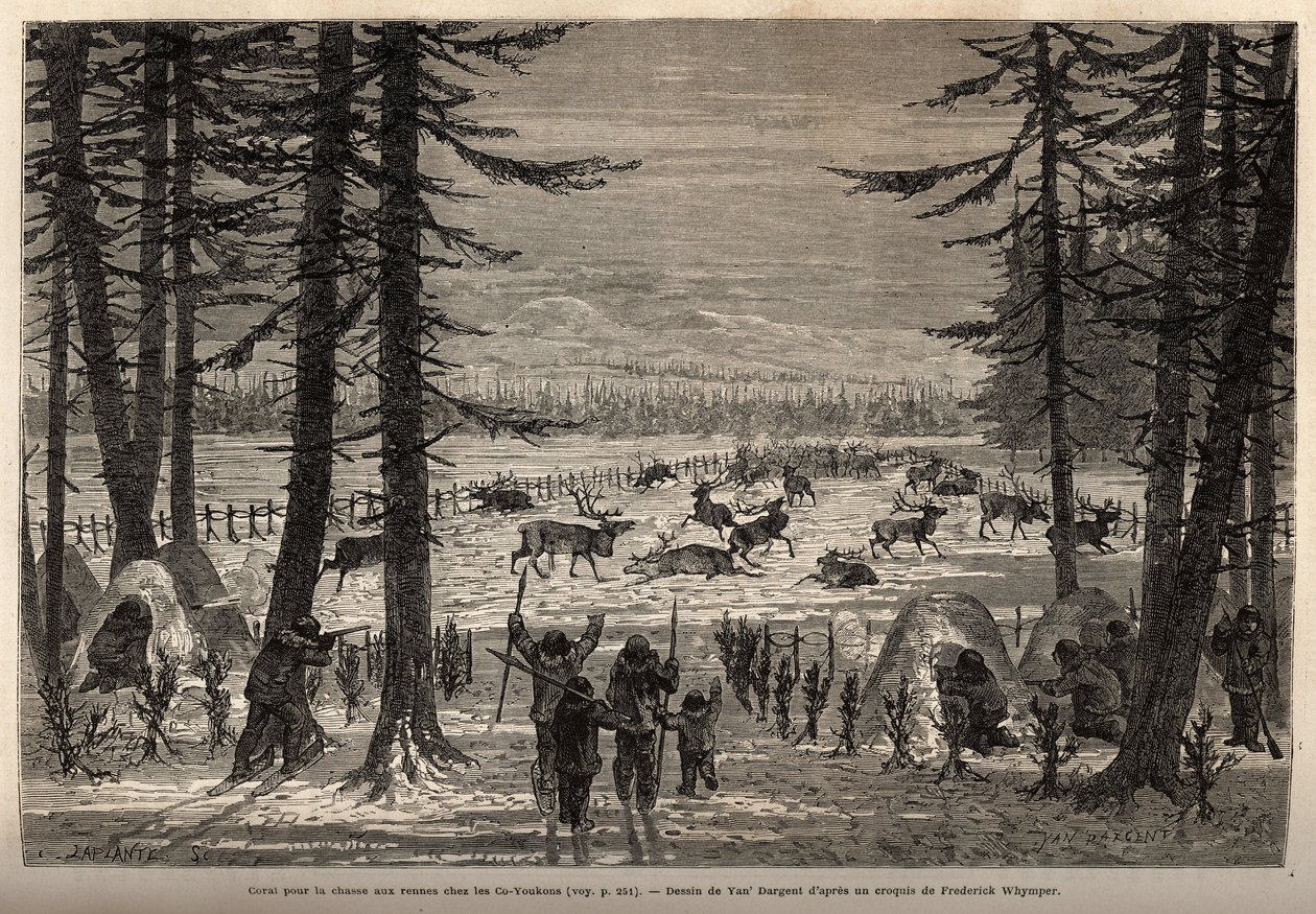 Das Korallenriff für die Rentierjagd im Co-Yukon (Co-Yukon oder Co-Youkouk) (Indianerstamm des äußersten Nordens Kanadas). Gravur zur Illustration der Reise und Abenteuer in Englisch-Kolumbien, Vancouver Island und Alaska, von Frederick Whymper von Unknown artist