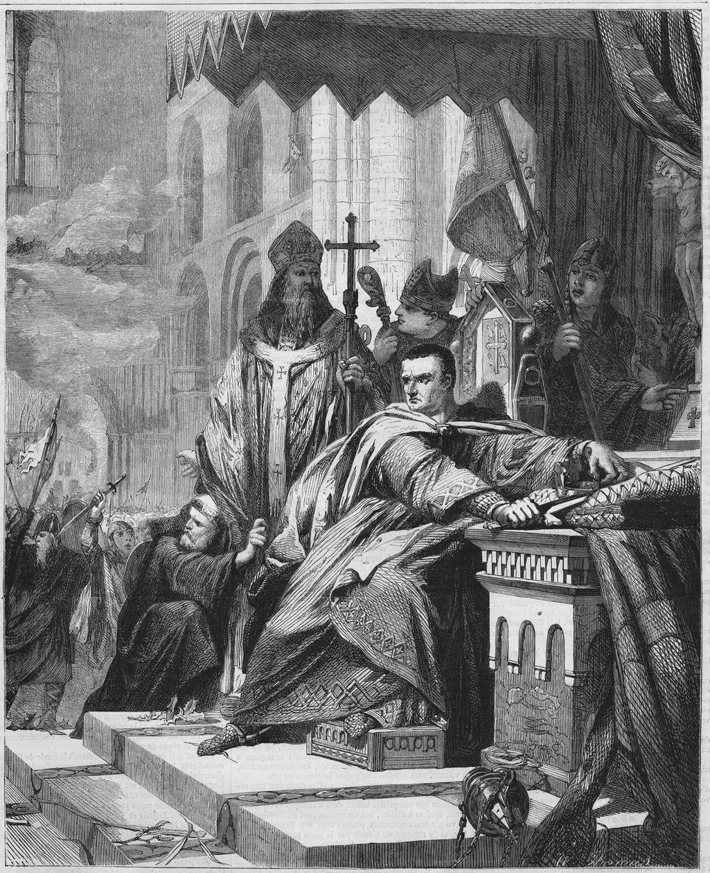 Die Krönung von Wilhelm I. dem Eroberer (1027 bis 1087) im Jahr 1066. Herzog der Normandie (1035 - 1087) und König von England (1066 - 1087). Gravur des 19. Jahrhunderts. von Unknown artist