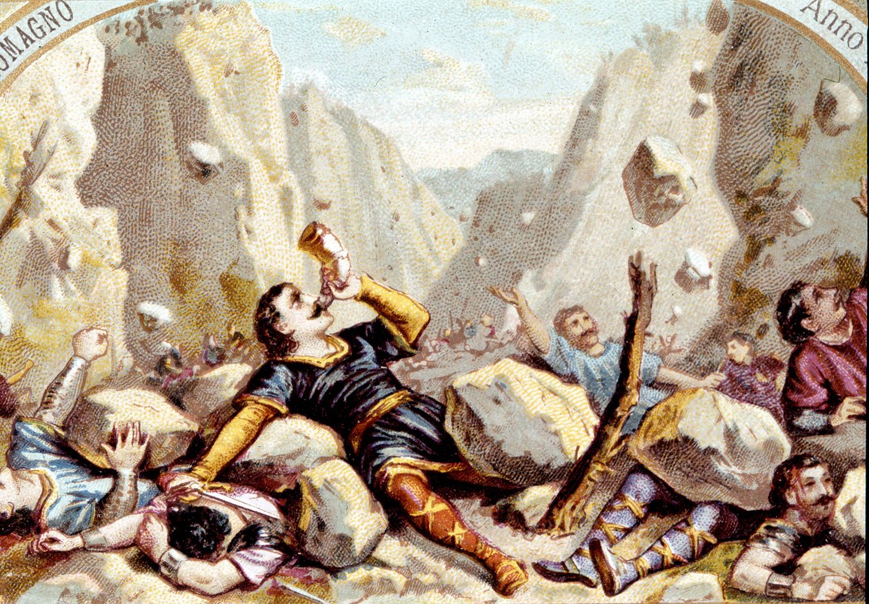 Der Tod des Ritters Roland, Neffe Karls des Großen, in der Schlacht von Roncesvalles, 778. Chromolithographie um 1900 von Unknown artist