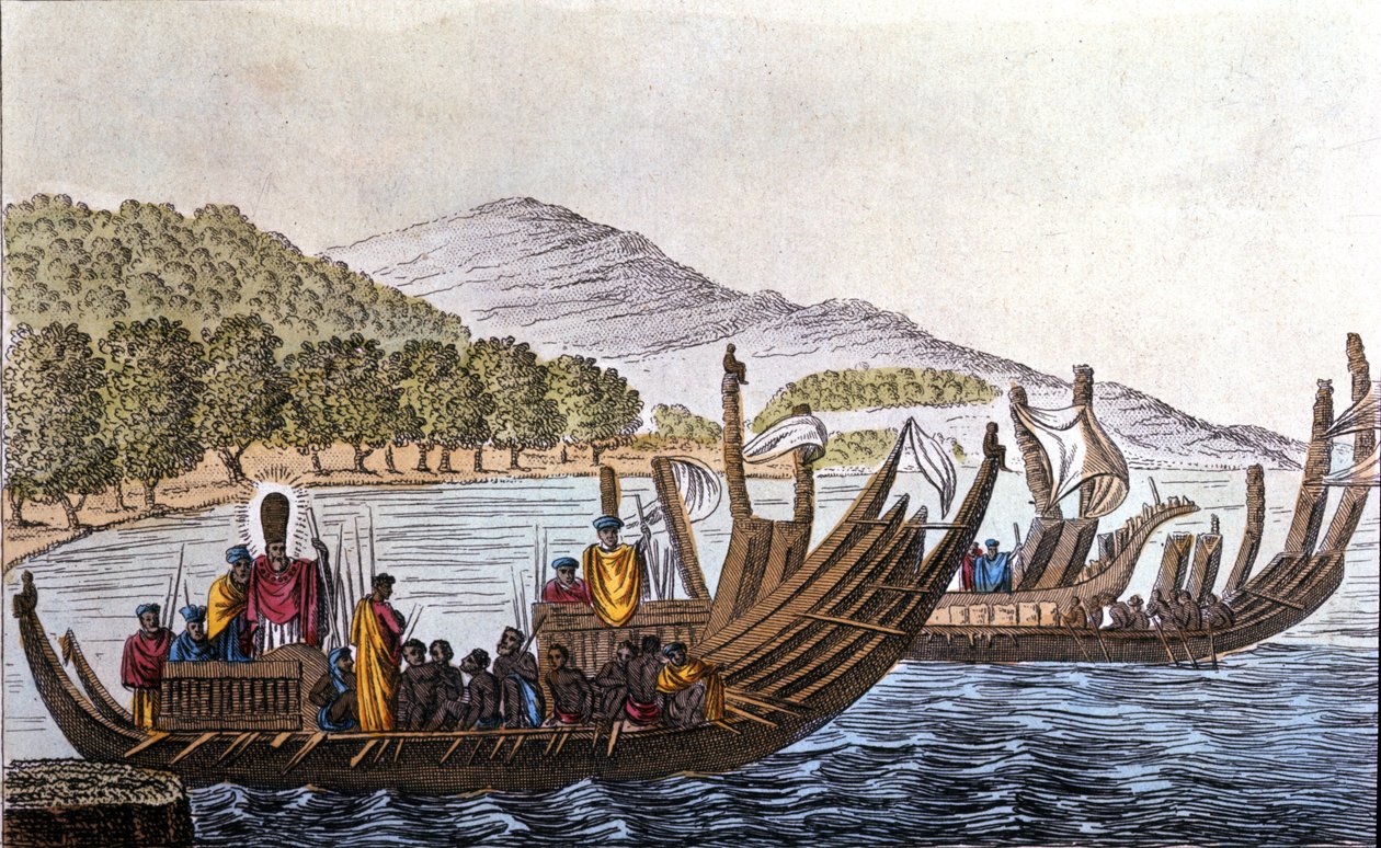 Die Abreise der Polynesier für den Pazifik an Bord von Doppelrumpfkanus. Lithografie aus dem frühen 19. Jahrhundert von Unknown artist