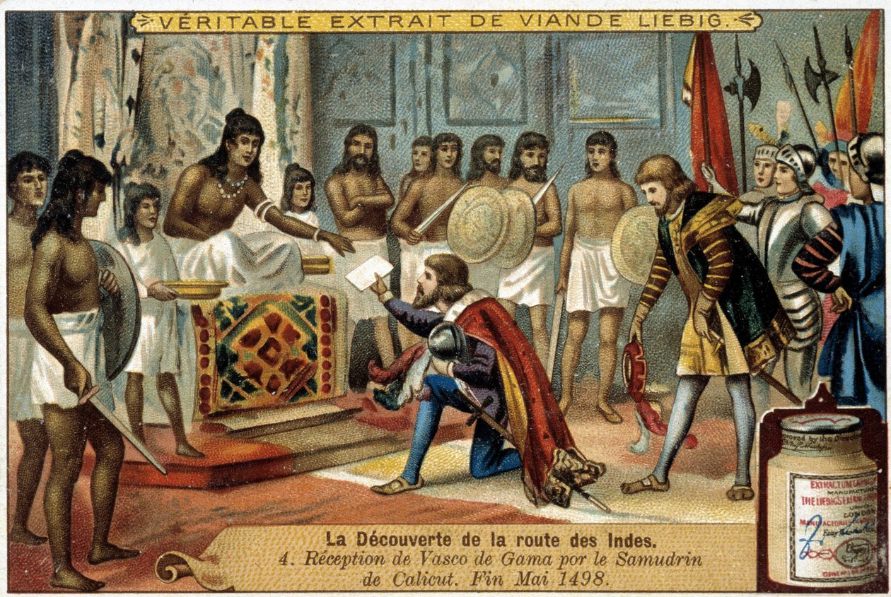 Die Entdeckung des Seewegs nach Indien: Empfang von Vasco da Gama durch den Samudrin von Calicut, Ende Mai 1498 - Werbevignette Liébig von Unknown artist