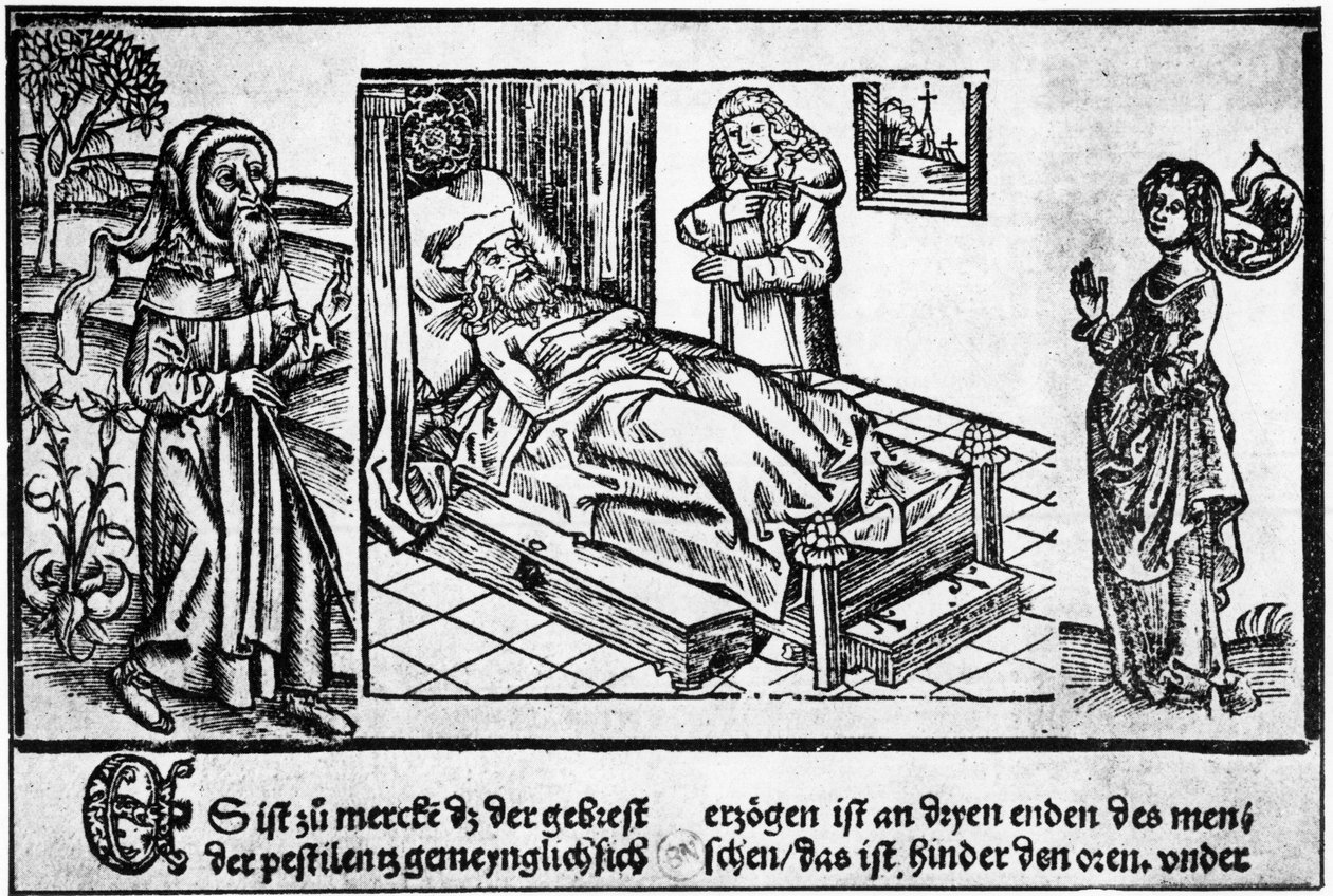 Der Arzt im Bett des Pestkranken, Holzschnitt aus dem „Liber pestilentialis“ von Jérôme Brunschwig, Straßburg von Unknown artist