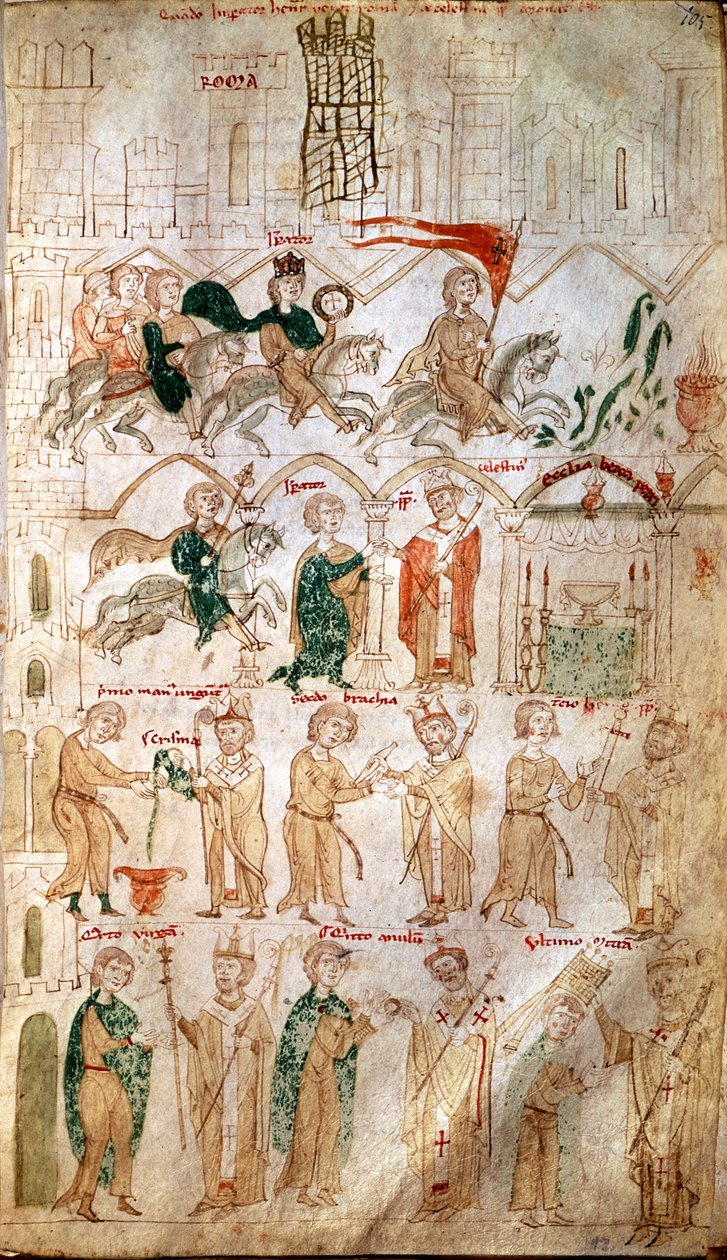 Der Einzug von Heinrich VI. des Heiligen Römischen Reiches (1165-1197) in Rom und seine Krönung zum Kaiser am 14.04.1191 durch Papst Celestin III. Seite aus „Liber ad honorem Augusti“ von Pietro da Eboli (Peter von Eboli) - (Codex 120, fol 105) 13. Jahrhun von Unknown artist