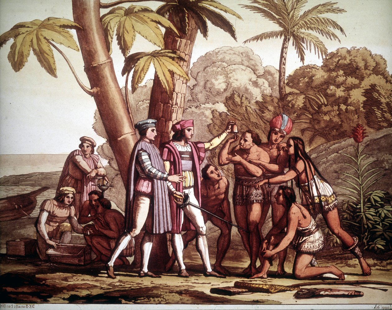 Die ersten Indianer, die Christoph Kolumbus bei seiner Ankunft in Amerika erschienen, - in „Das alte und moderne Kostüm“ von Jules Ferrario von Unknown artist