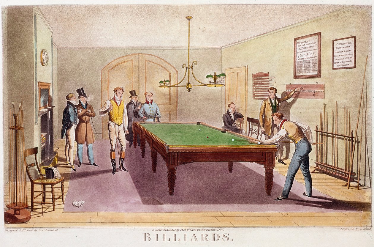Das Billardspiel. Gentlemen der hohen englischen Gesellschaft spielen Billard. Gravur von 1827. Private Sammlung von Unknown artist
