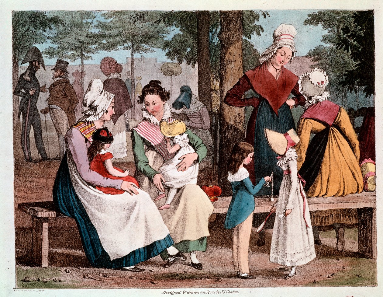 Die Guten: Szene mit Kindern und ihren Kindermädchen in einem Park von Unknown artist