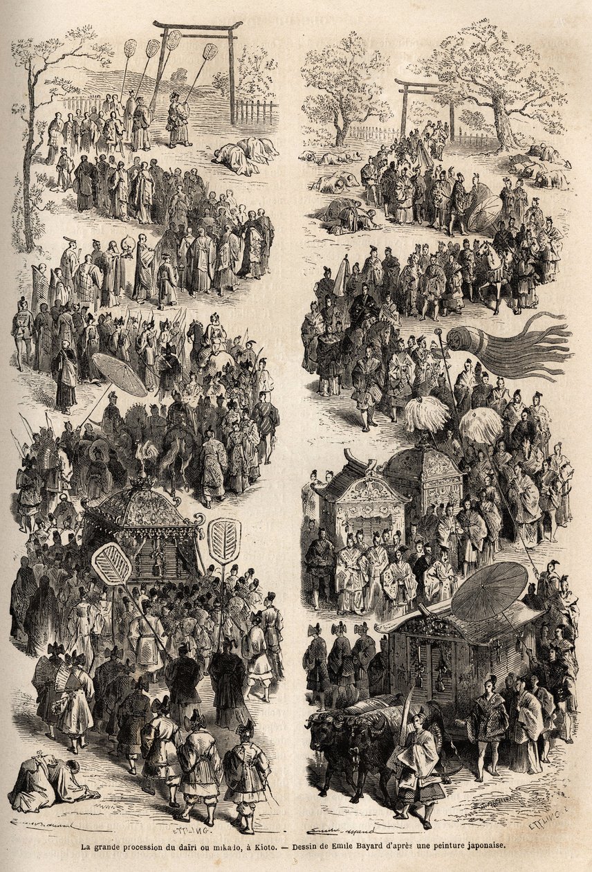 Die große Prozession des Mikado (Kaiser von Japan), im Dairi, dem alten kaiserlichen Schloss von Heian-kyo (Heian Kyo, heutiges Kyoto) von 794 bis 1869. Gravur zur Illustration der Reise nach Japan in den Jahren 1863-1864 von Aime Humbert, Minister der Sch von Unknown artist