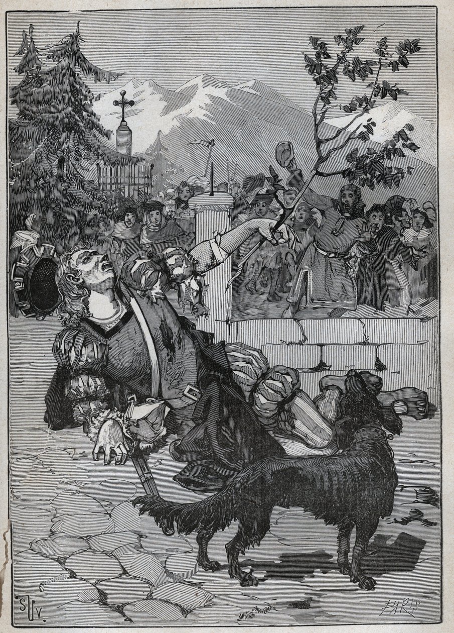 Die Linde von Freiburg: Ein Soldat der Helvetischen Konföderation kam nach Freiburg, um den Sieg der Schweiz gegen Karl den Kühnen in der Schlacht von Murten am 22. Juni 1476 mit einem Lindenast vom Schlachtfeld zu verkünden. Der Soldat starb. von Unknown artist