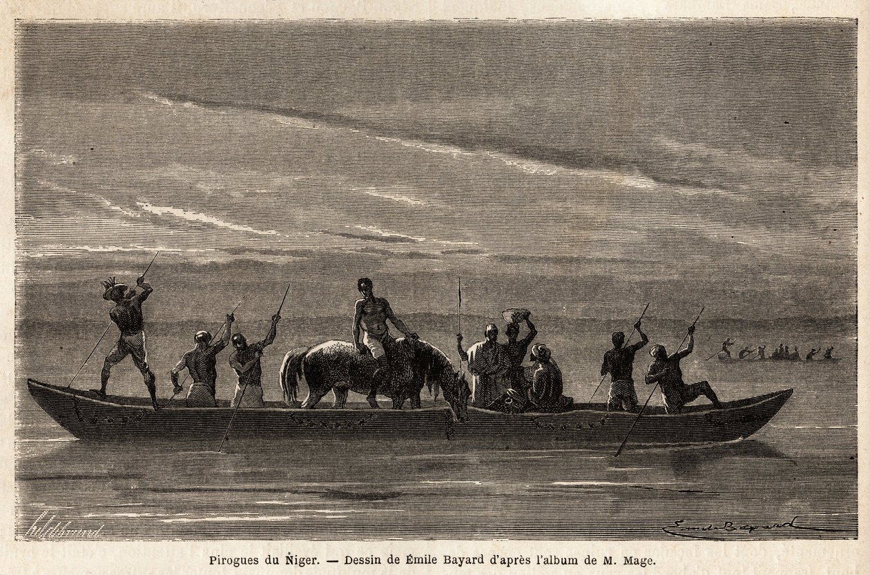 Die langen Kanus der Bambara auf dem Niger, die mit langen Stangen manövriert werden, können mehrere Personen und sogar Vieh oder Pferde transportieren. Illustration der Reise in den westlichen Sudan von Leutnant (Marine) M. Mage, 1863-1866, veröffentlicht von Unknown artist