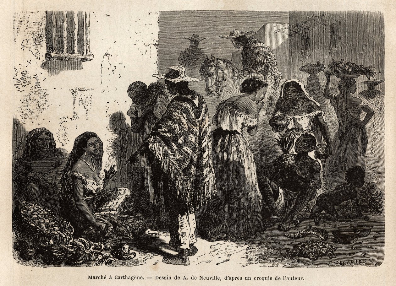 Der Marsch von Cartagena (Kolumbien), in den Vororten der Stadt, hauptsächlich von Schwarzen, Mestizen und Indianern besucht. Gravur zur Illustration der Reise nach Neugranada, von Dr. Saffray, 1869, veröffentlicht in 