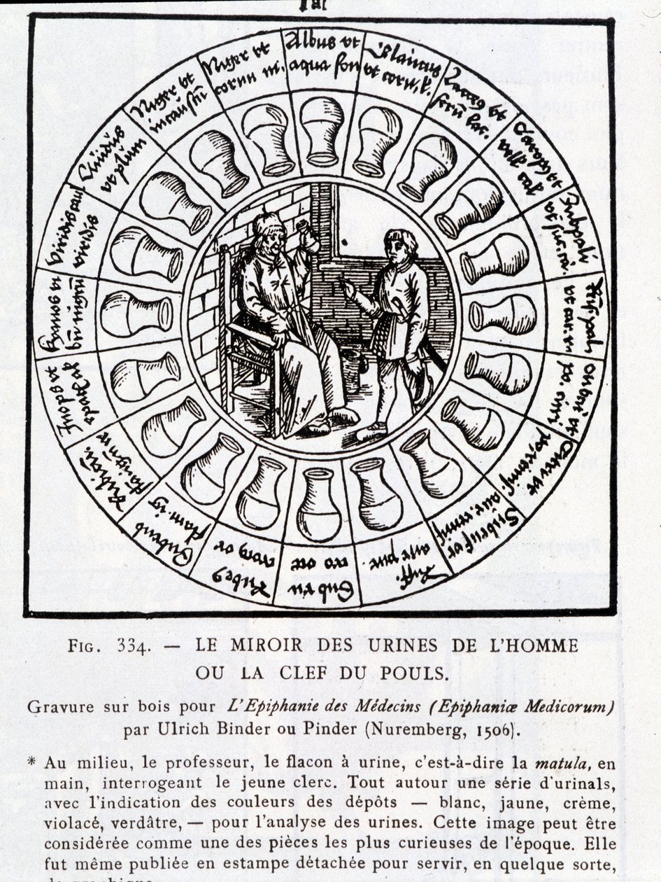 Der Spiegel des Urins des Menschen oder „Der Schlüssel des Pulses“ - Holzschnitt in „Die Epiphanie der Ärzte“ von Pinder (oder Binder), Nürnberg von Unknown artist