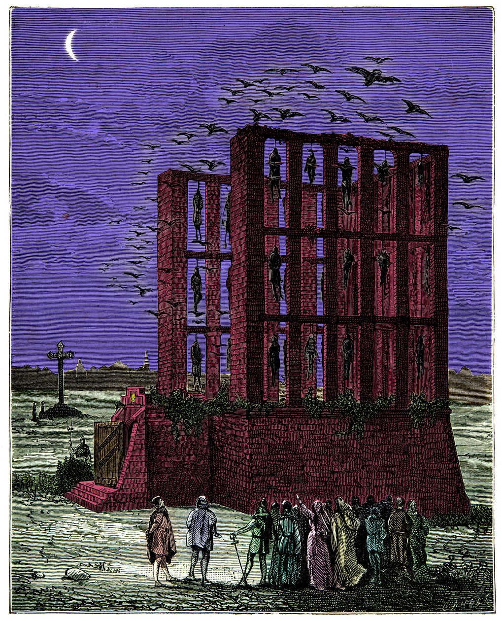Der Montfaucon-Galgen in Paris war eine Masse aus Stein, gekrönt von sechzehn Säulen (Spitzname: Gabeln der großen Gerechtigkeit, nordöstlich von Paris gelegen), Gravur 19. Jahrhundert von Unknown artist