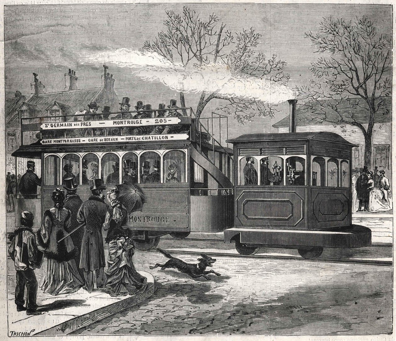 Die neuen Dampfstraßenbahnen in Paris im Jahr 1876 auf der Linie Saint-Germain-des-Prés an der Tür von Chatillon, Gravur. Bianchetti-Sammlung von Unknown artist