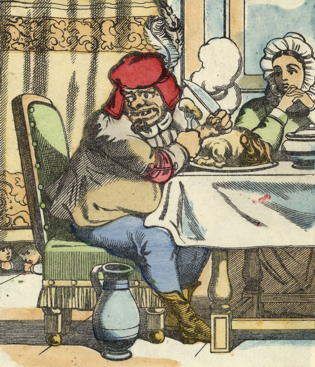 Der Oger am Tisch spürt die Anwesenheit des kleinen Poulet und seiner Brüder. Illustration aus dem Märchen „Der kleine Däumling“ von Charles Perrault von Unknown artist