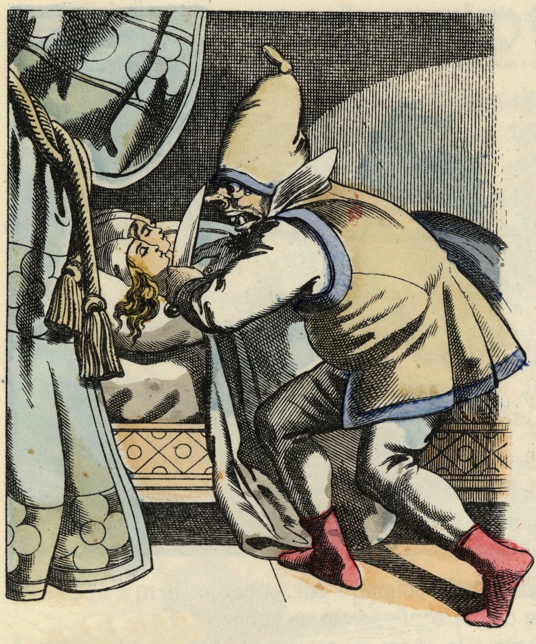 Der Oger köpft seine sieben Töchter, weil er denkt, er tötet den kleinen Poulet und seine Brüder. Illustration aus dem Märchen „Der kleine Däumling“ von Charles Perrault von Unknown artist