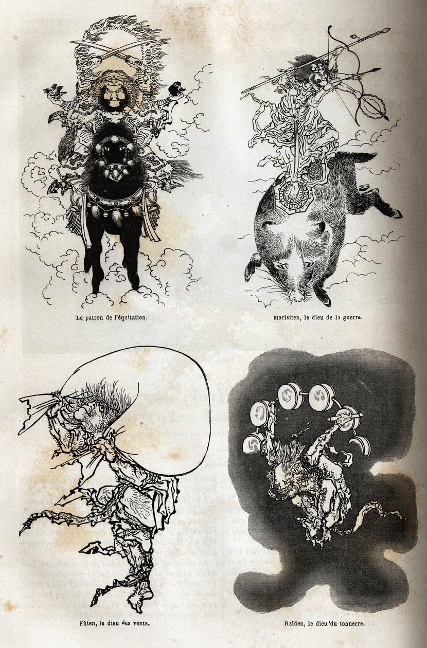 Das Pantheon der japanischen Gottheiten: traditionelle Darstellung einiger typischer Figuren: der Schutzpatron des Reitens; Marisiten, der Kriegsgott; Futen, der Windgott; Raiden, der Donnergott. Illustration der Reise nach Japan, 1863-1864, von von Unknown artist