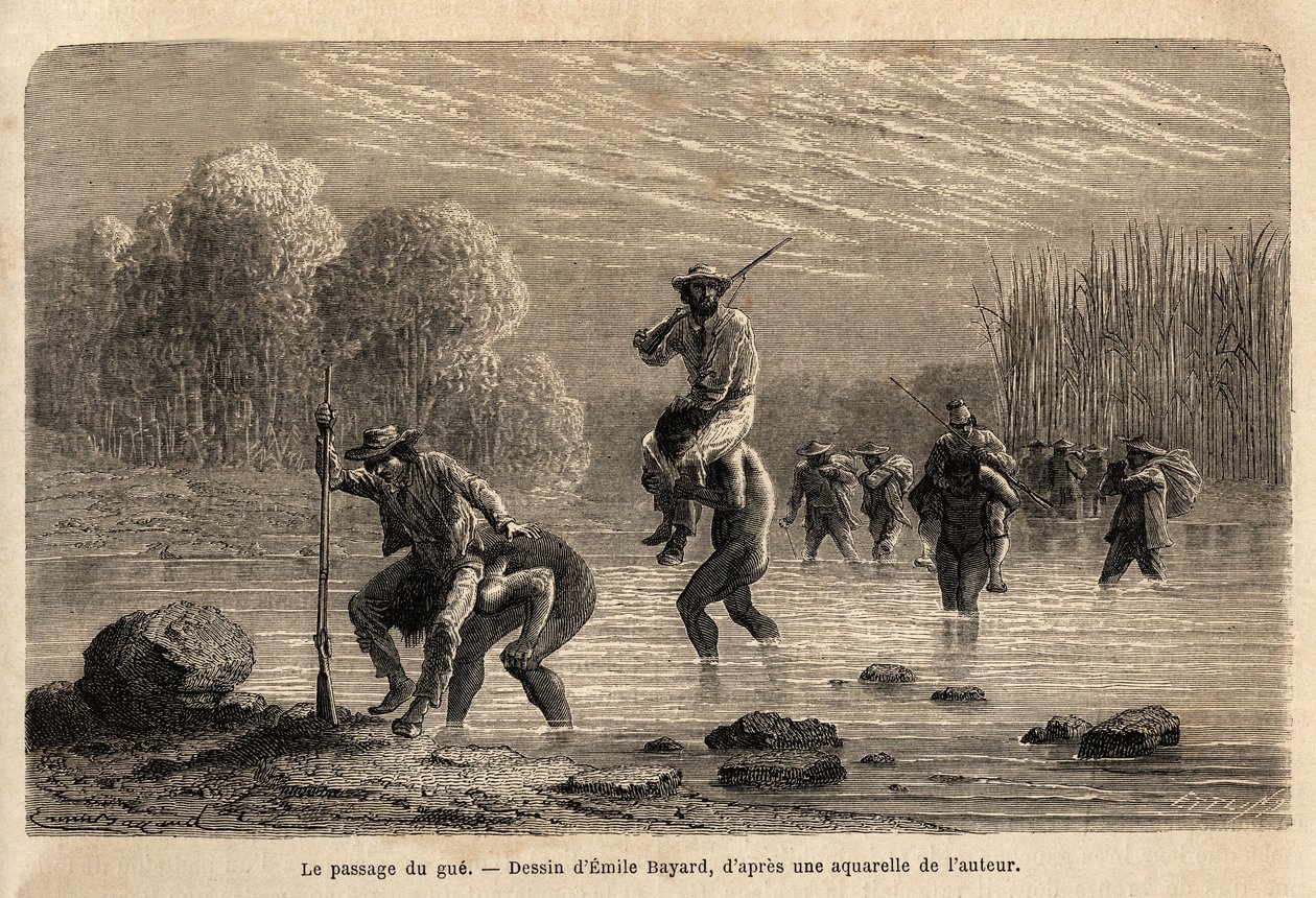 Der Durchgang des Flusses, die Siriniris-Indianer schlagen spontan vor, die Mitglieder der Expedition auf ihren Schultern zu tragen, um sie über die Teiche am Fuße des Mount Basiri (Peru) zu bringen. Gravur zur Illustration der Reise in die Täler von Unknown artist