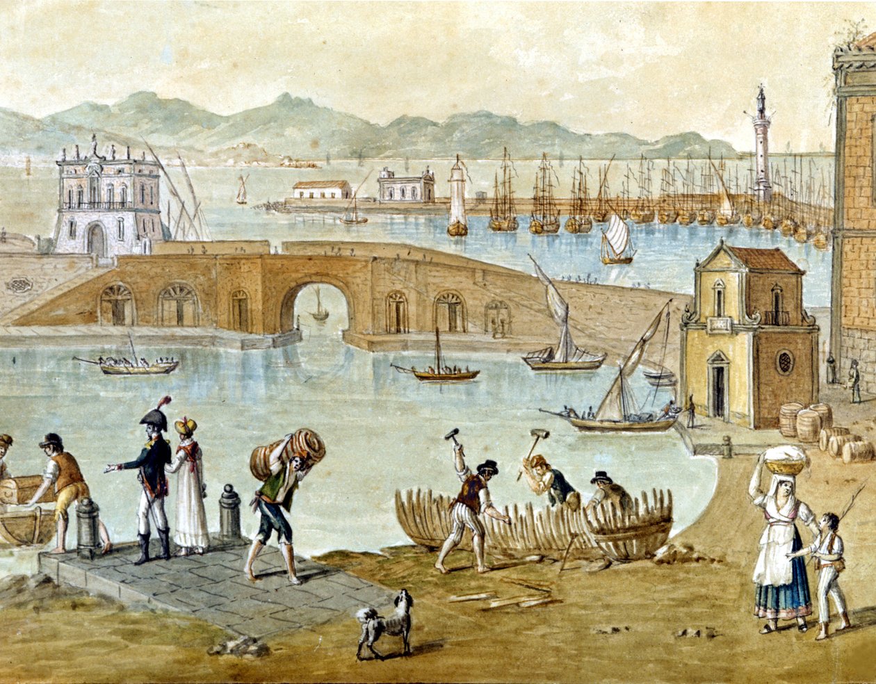 Der Hafen von Neapel und Santa Lucia um 1800: Reisende bereiten sich auf die Abreise vor und Zimmerleute bauen ein Boot. Aquarell von Unknown artist