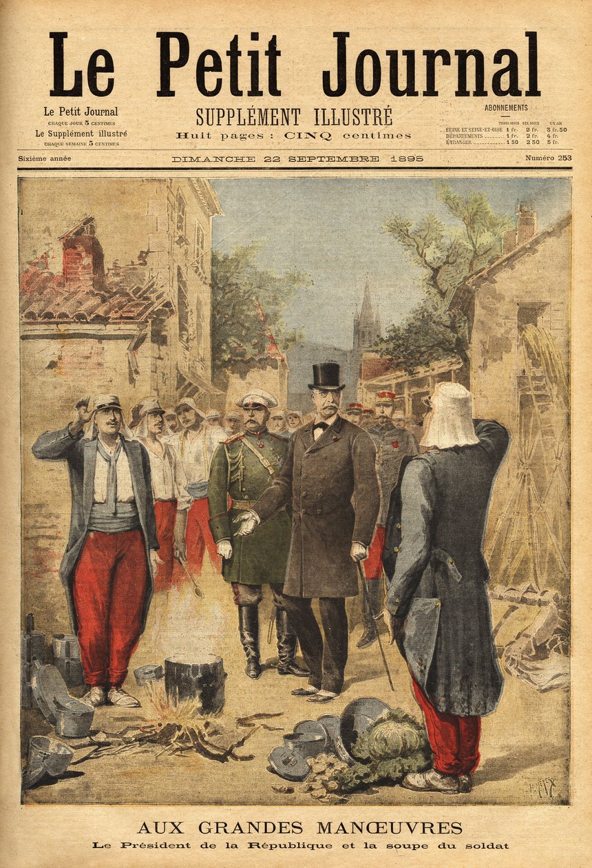 Der Präsident der Republik, Felix Faure (1841-1899), besucht die Truppen in Langres während der großen Manöver und Tradition für alle Besucher, er kostet die Suppe des Soldaten. Gravur in „Le petit journal“ 22/09/1895. Selva Sammlung. von Unknown artist