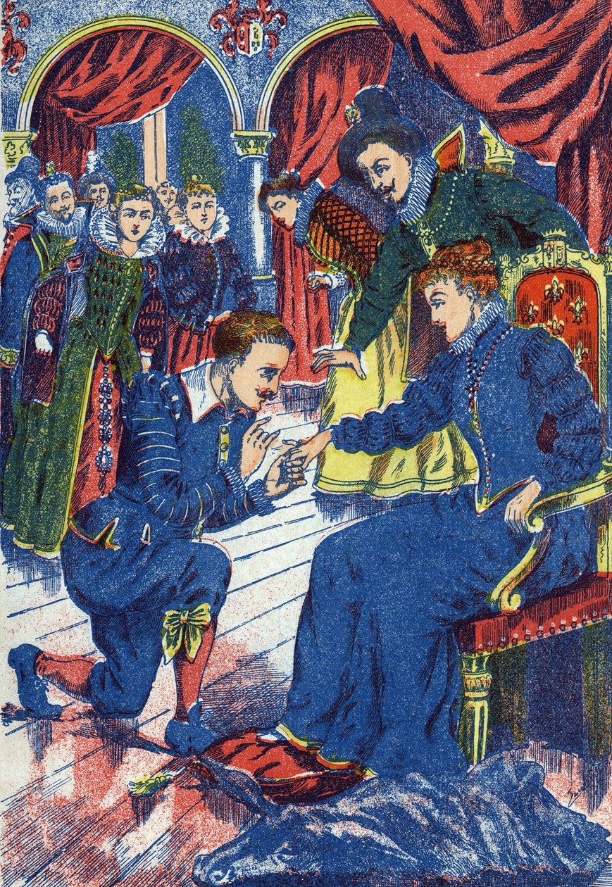 Der Prinz probiert den Eselring an. Anonyme Illustration für „Eselshaut“, Märchen von Charles Perrault (1628-1703), französischer Schriftsteller. Bild von Marcel Vagne, Jarville Nancy, undatiert (spätes 19. Jahrhundert) von Unknown artist