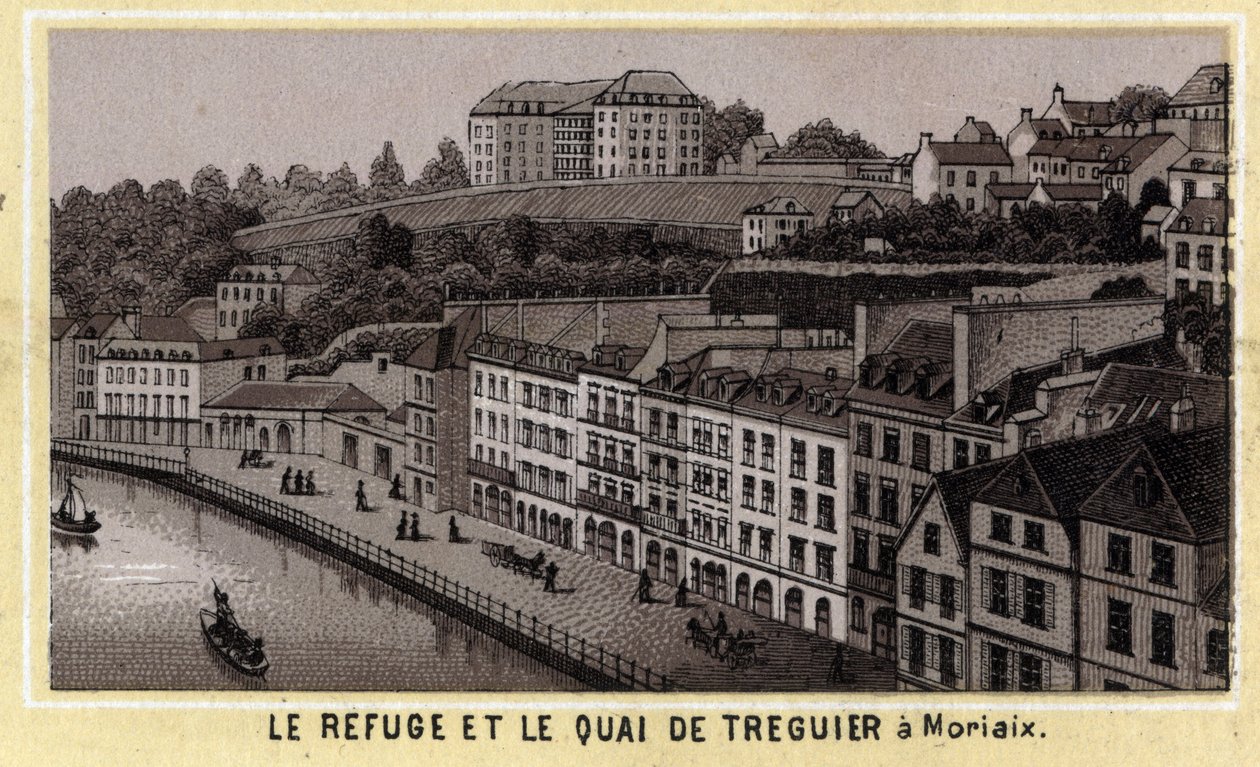 Der Zufluchtsort und Kai von Treguier in Morlaix (Finistère, Bretagne). Chromolithographie Ende des 19. Jahrhunderts. von Unknown artist