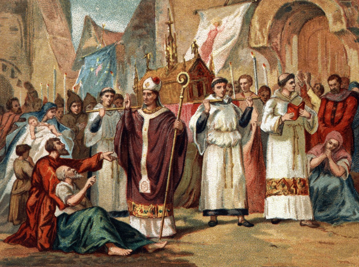 Die Reliquien der Sainte Genevieve (422-502), Schutzpatronin von Paris, werden durch die Straßen von Paris transportiert. Chromolithographie um 1890 von Unknown artist