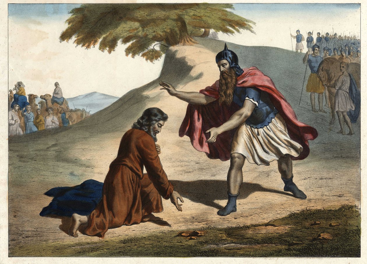 Die Rückkehr Jakobs und seine Begegnung mit Esau - Jakob kehrt mit seinen Frauen und Kindern ins Land Kanaan zurück: Er trifft seinen Bruder Esau. Gravur aus der Mitte des 19. Jahrhunderts von Unknown artist