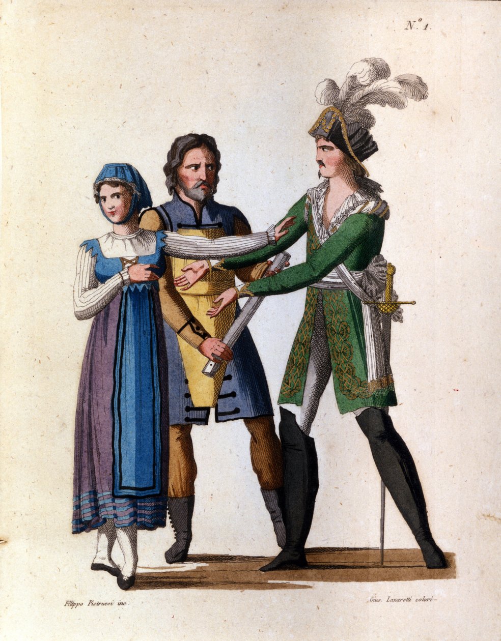 Die Sänger Savino Monelli (Bertrando), Teresa Bellog (Isabella) und Filippo Galli (Tarabotto) in der Oper „L