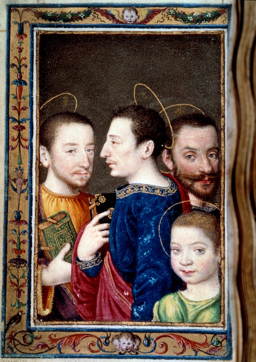 Die Söhne von Franz I. (1494-1547): Franz (1518-1536), Heinrich II. (1519-1559) und Karl (1522-1545) (Miniatur im „Stundenbuch der Katharina von Medici“) von Unknown artist