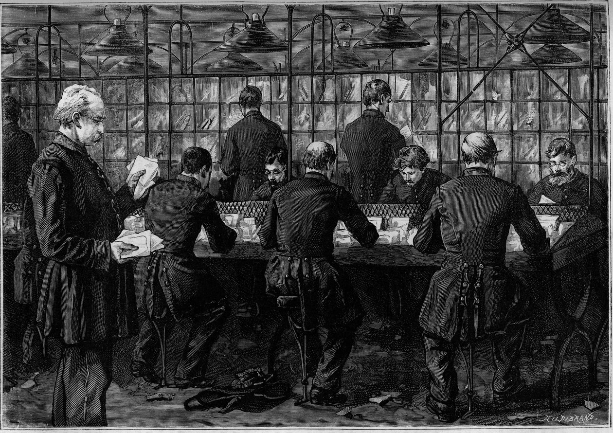 Das Sortieren der Korrespondenz in einem Büro des Hôtel des Postes in der Rue du Louvre in Paris. Gravur im Journal „La jeunesse“ von Unknown artist