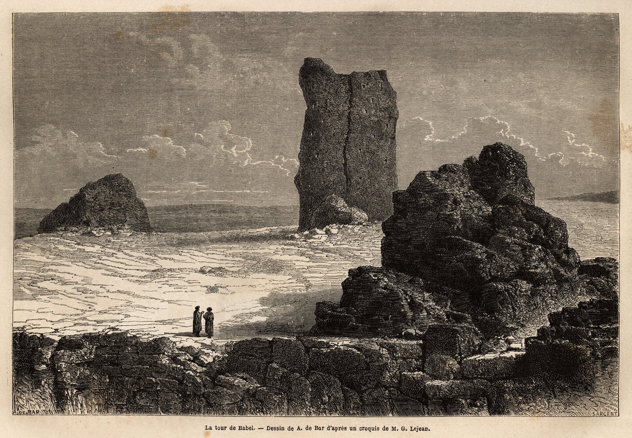 Die Schaufensterruinen von Birs Nimroud, die die Touristengemeinde von Bagdad (Irak) damals als den mythischen Turm von Babel identifiziert. Gravur zur Illustration der Reise nach Babylon, 1866, von Guillaume Lejean, in „Le tour du monde, nouveau journal d von Unknown artist