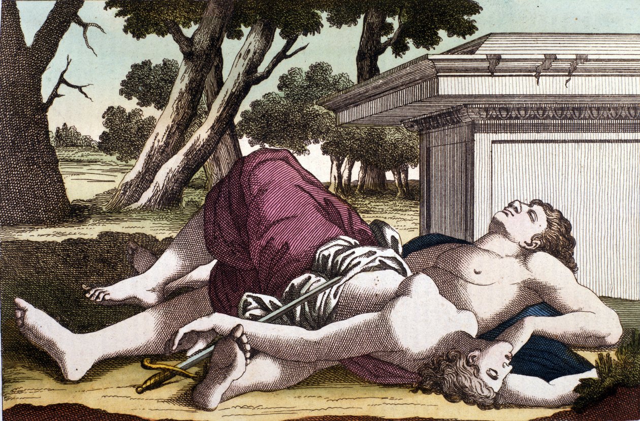 Der Selbstmord des Pyramus unter dem Maulbeerbaum und der Tod der Thisbe. Überzeugt, dass die Löwin Thisbe verschlungen hatte, gab sich Pyramus den Tod und bedeckte die weißen Maulbeeren mit seinem Blut. Thisbe, die sich versteckte, um der Löwin zu entkomm von Unknown artist