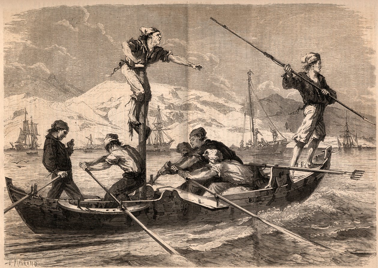 Die Schwertfisch-Harpunenfischerei (pesce spada, Schwertfisch) an der Küste Siziliens in Italien im Jahr 1862. Gravur in „Le Monde illustre“ von 1862. Private Sammlung von Unknown artist
