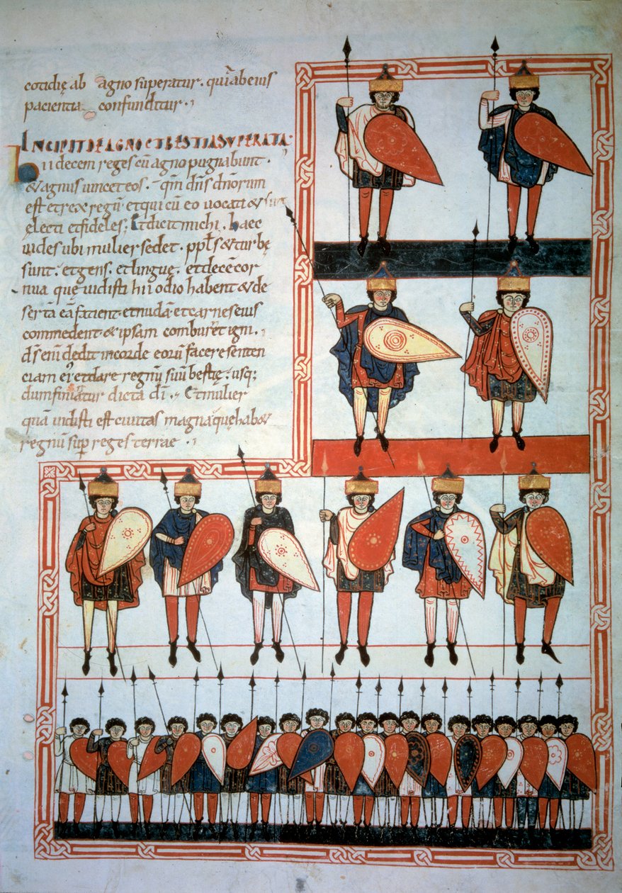 Die zehn Könige der Apokalypse mit Speeren und Schilden und ihren Truppen (Miniatur in 