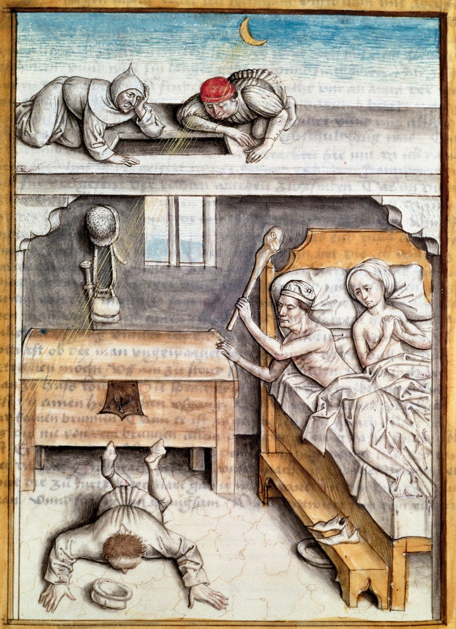 Der Dieb, der in ein Haus eingebrochen ist, wird bestraft. Miniatur aus einer deutschen Übersetzung der Fabeln von „Kalila (Calila) und Dimna“ von Bidpai (ms. 1389, fol. 4) um 1480 von Unknown artist