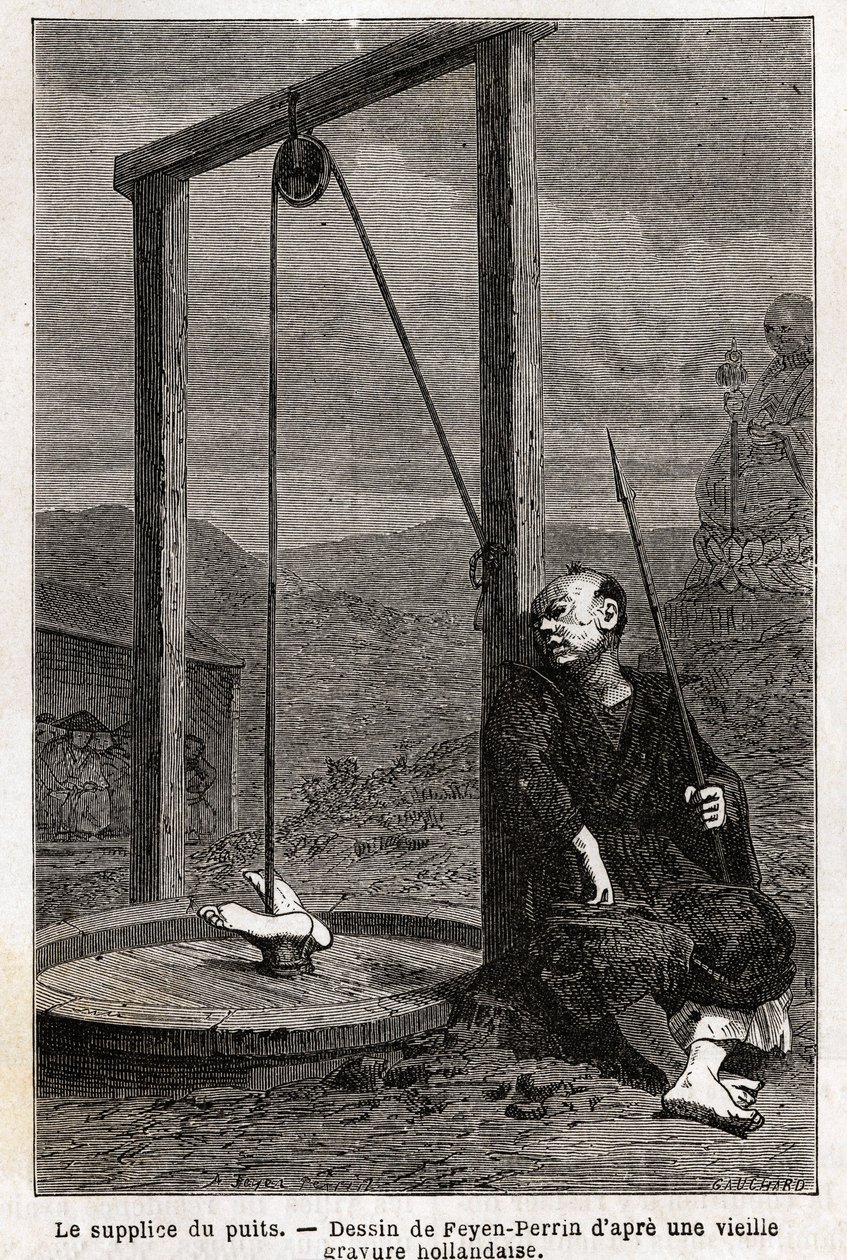 Die Qual des Brunnens, das Opfer, kopfüber, wird in eine Zisterne gehängt, die mit Brettern verschlossen wird, um sie völlig dunkel zu machen. Der Tod tritt erst nach etwa zehn Tagen ein. Diese Qual wurde häufig gegen japanische Christen angewendet, die re von Unknown artist